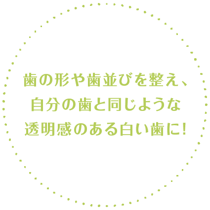 歯の形や歯並びを整え、自分の歯と同じような透明感のある白い歯に！